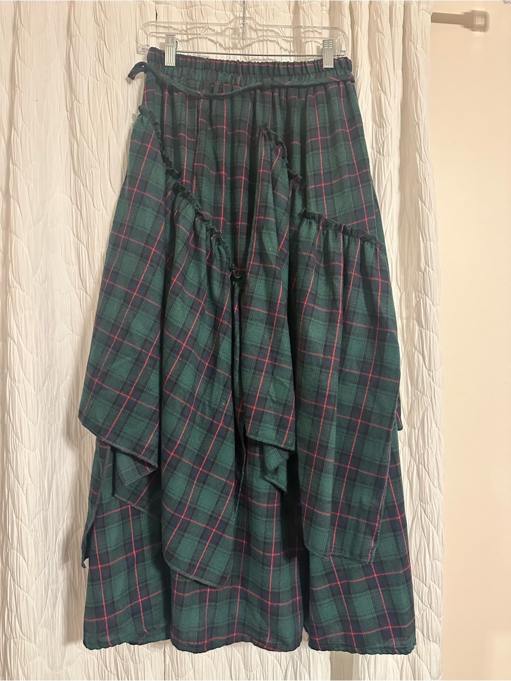 Amazon Dark Green Plaid Tiered Midi Skirt with Pink Accents - Picture 2 of 2
